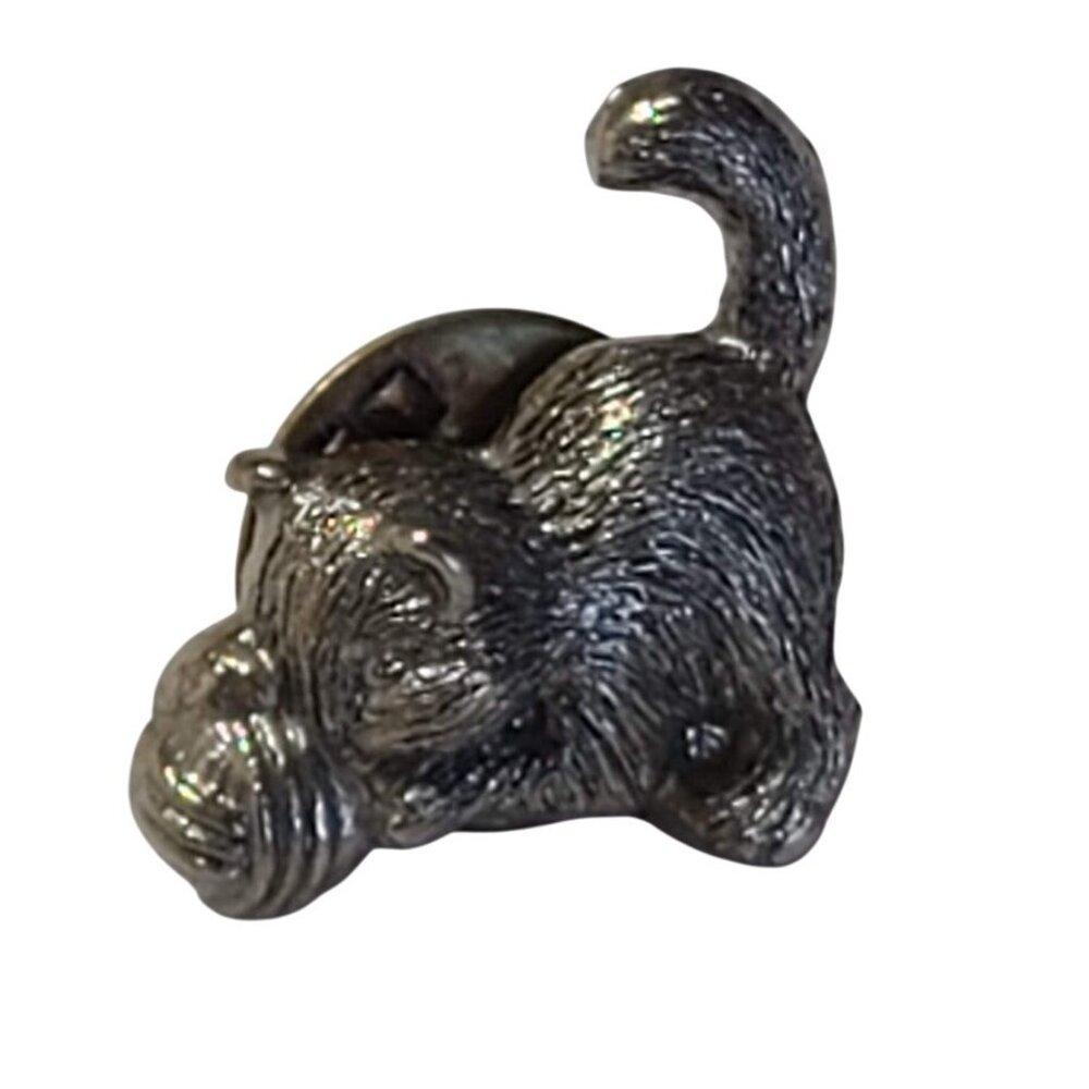 Vintage Pewter Lapel Pin Kitten Cat With Yarn Ball String Brooch